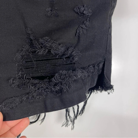 KanCan Black Distressed Raw Frayed Hem High Rise Denim Shorts Women's - Picture 8 of 10